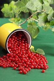Many ripe red currants, mug and leaves on green wooden table