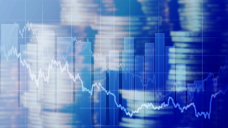 Money exchange. Double exposure with coins and different graphs