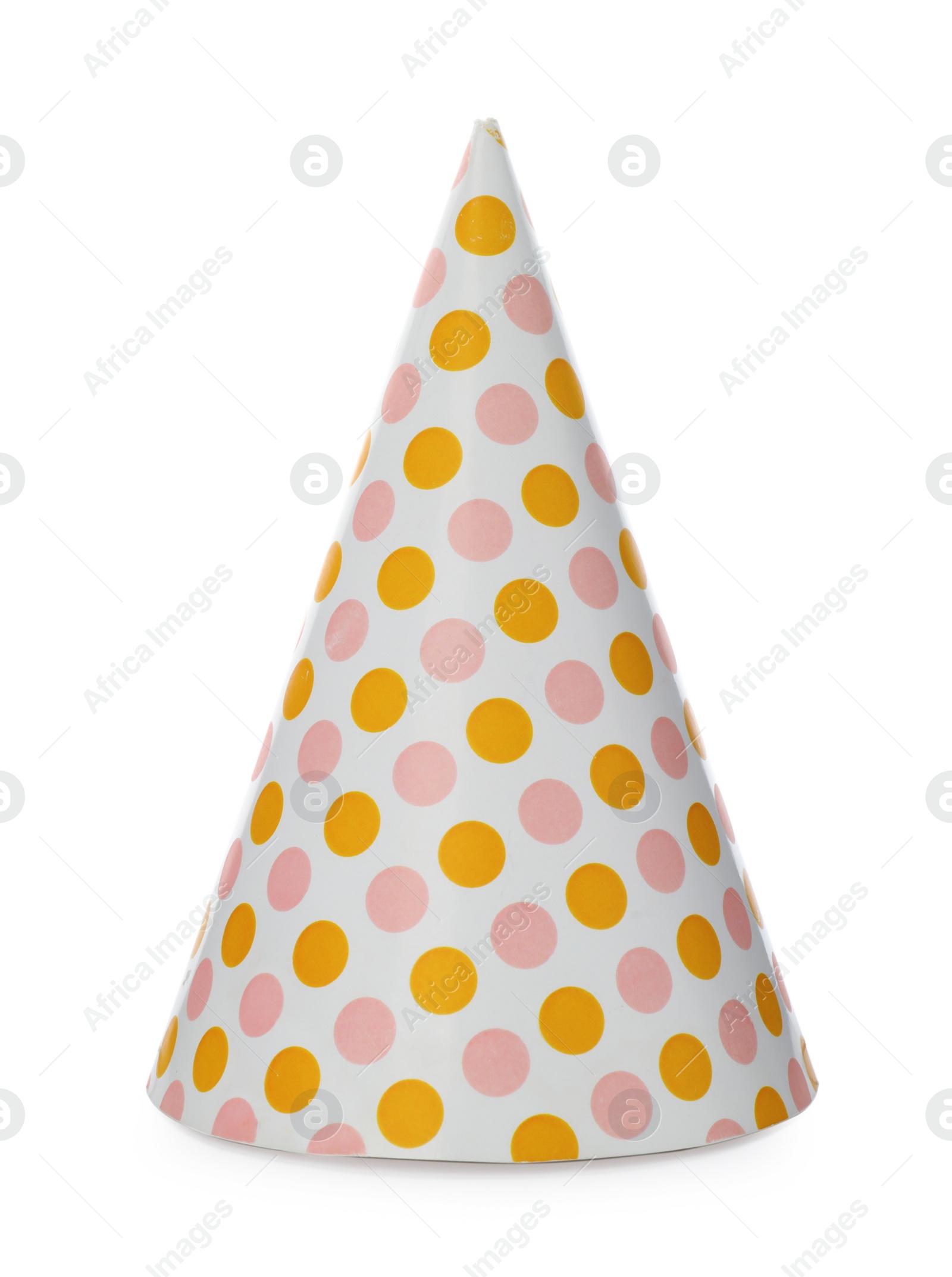 Photo of Bright party hat isolated on white. Festive accessory