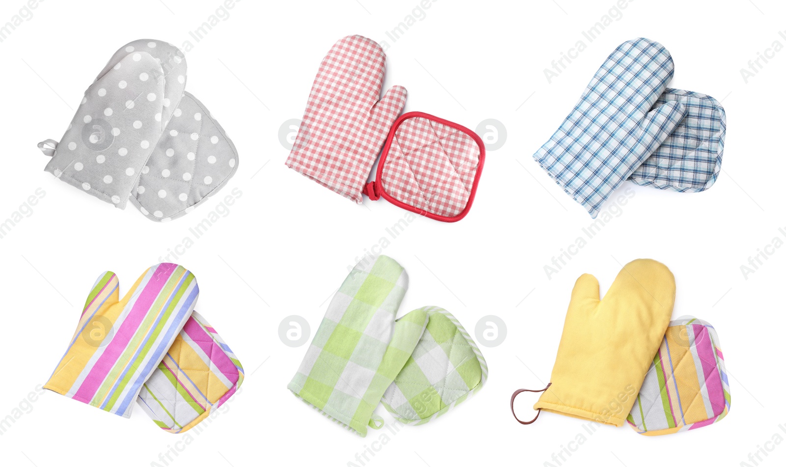 Image of Set with different oven gloves and potholders on white background, top view. Banner design