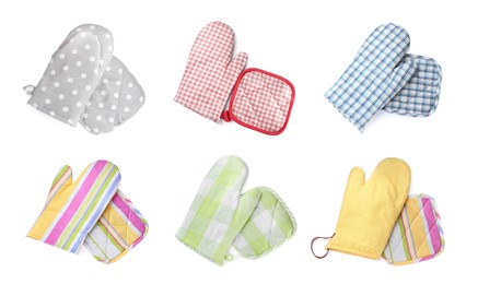 Set with different oven gloves and potholders on white background, top view. Banner design