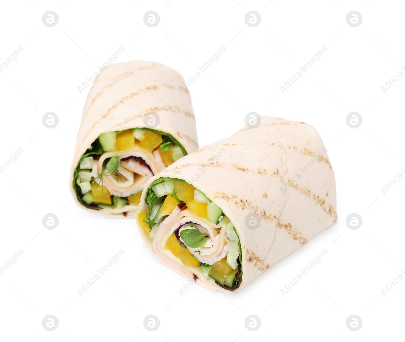 Photo of Delicious sandwich wraps with fresh vegetables isolated on white