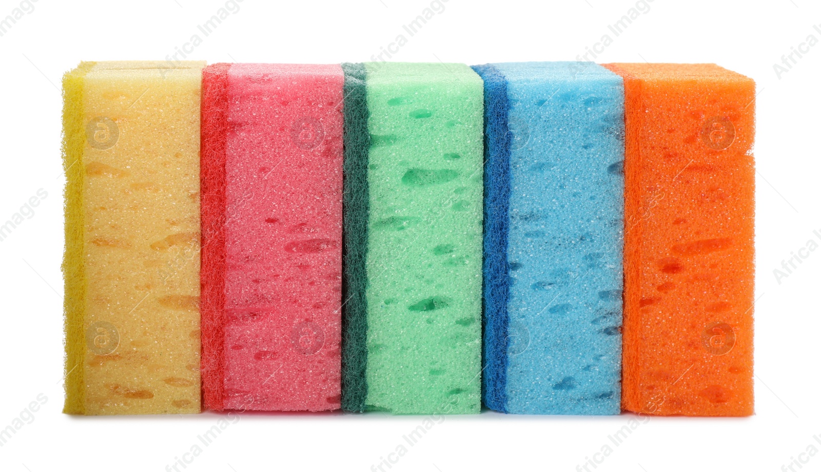 Photo of Bright cleaning sponges with abrasive scourers on white background