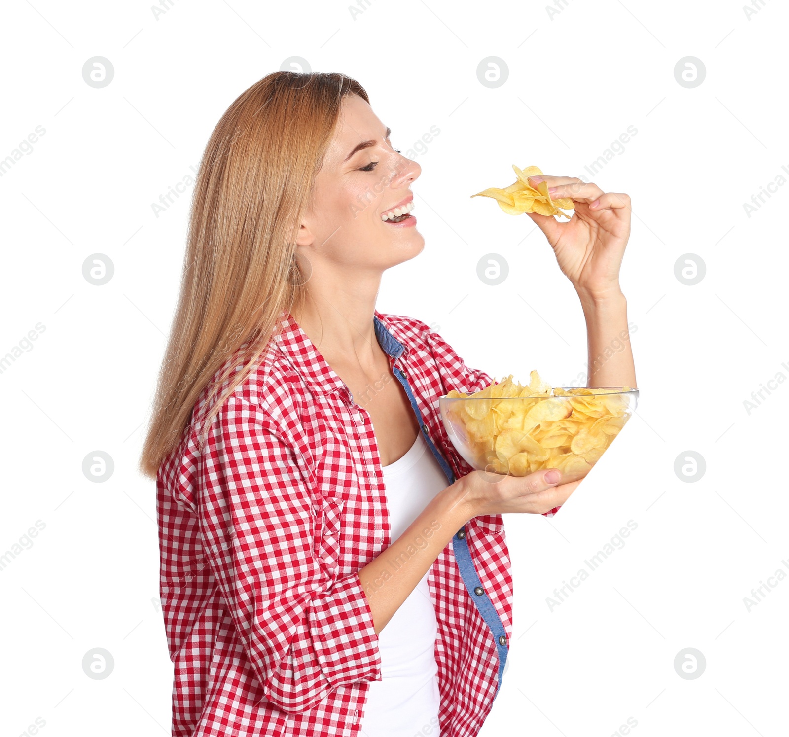 Photo of Woman eating potato chips on white background