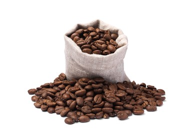 Photo of Sack and roasted coffee beans on white background