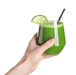 Photo of Woman holding glass with delicious detox juice on white background