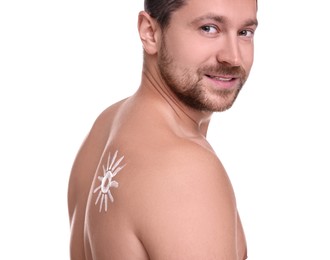 Photo of Handsome man with sun protection cream on his back against white background
