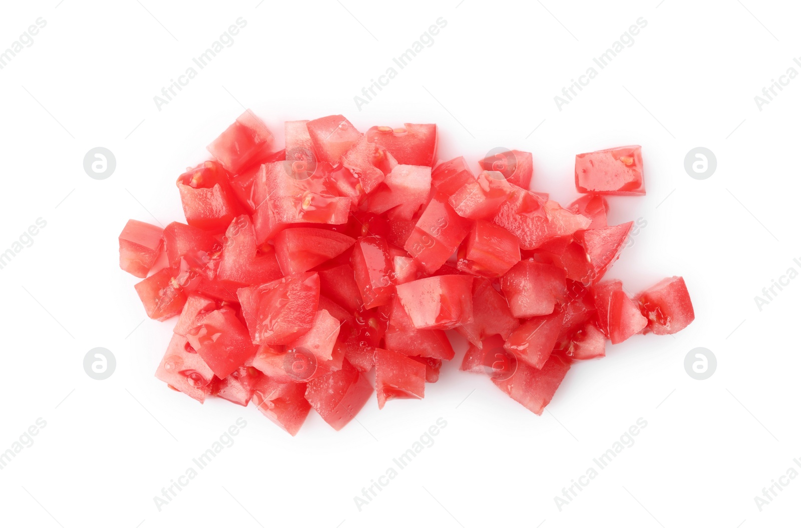 Photo of Pieces of red ripe tomato isolated on white, top view