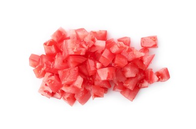 Pieces of red ripe tomato isolated on white, top view