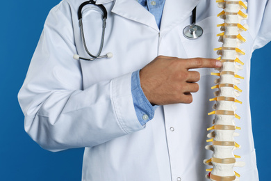 Photo of Male orthopedist with human spine model against blue background, closeup