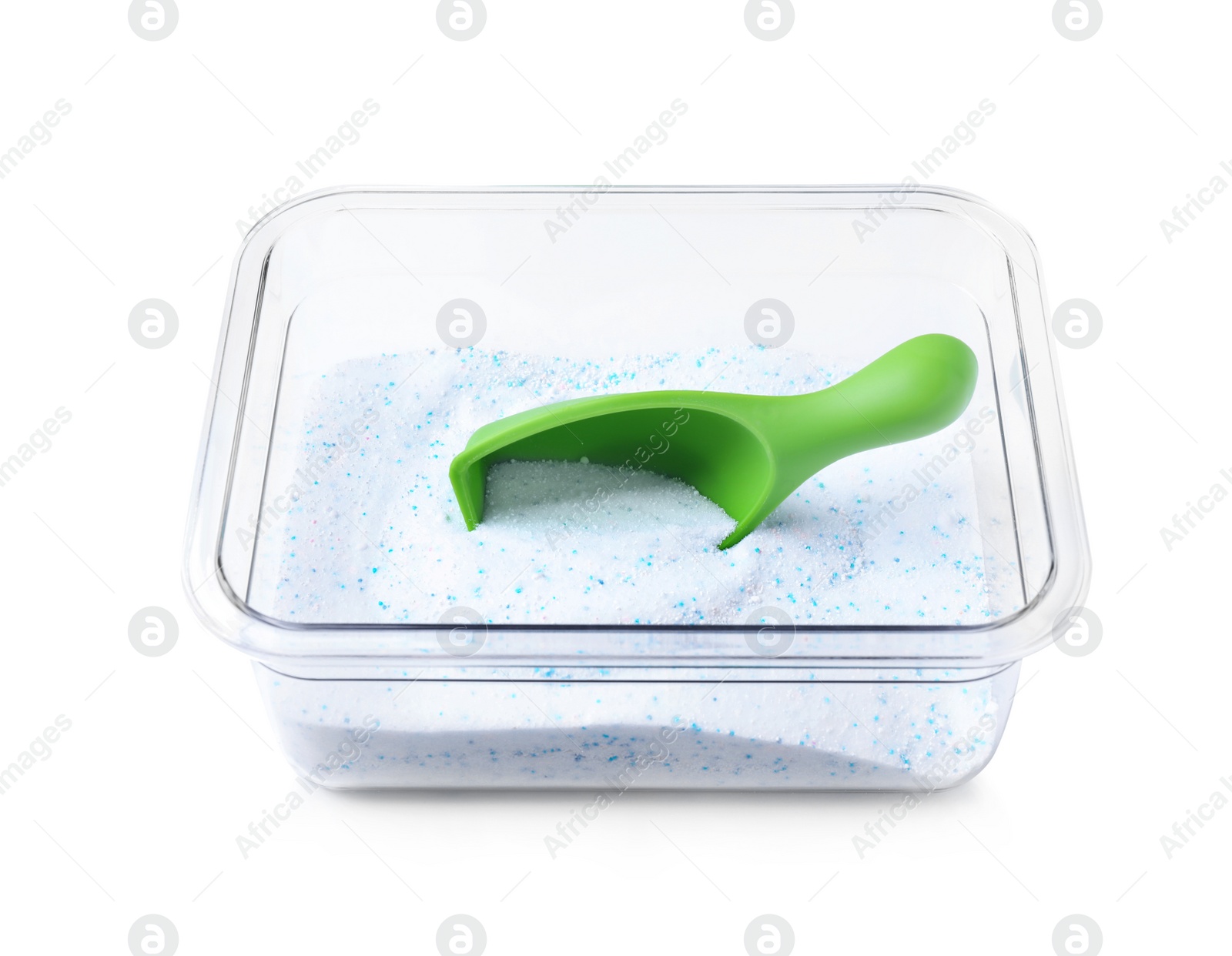 Photo of Plastic container with laundry powder and measuring scoop isolated on white