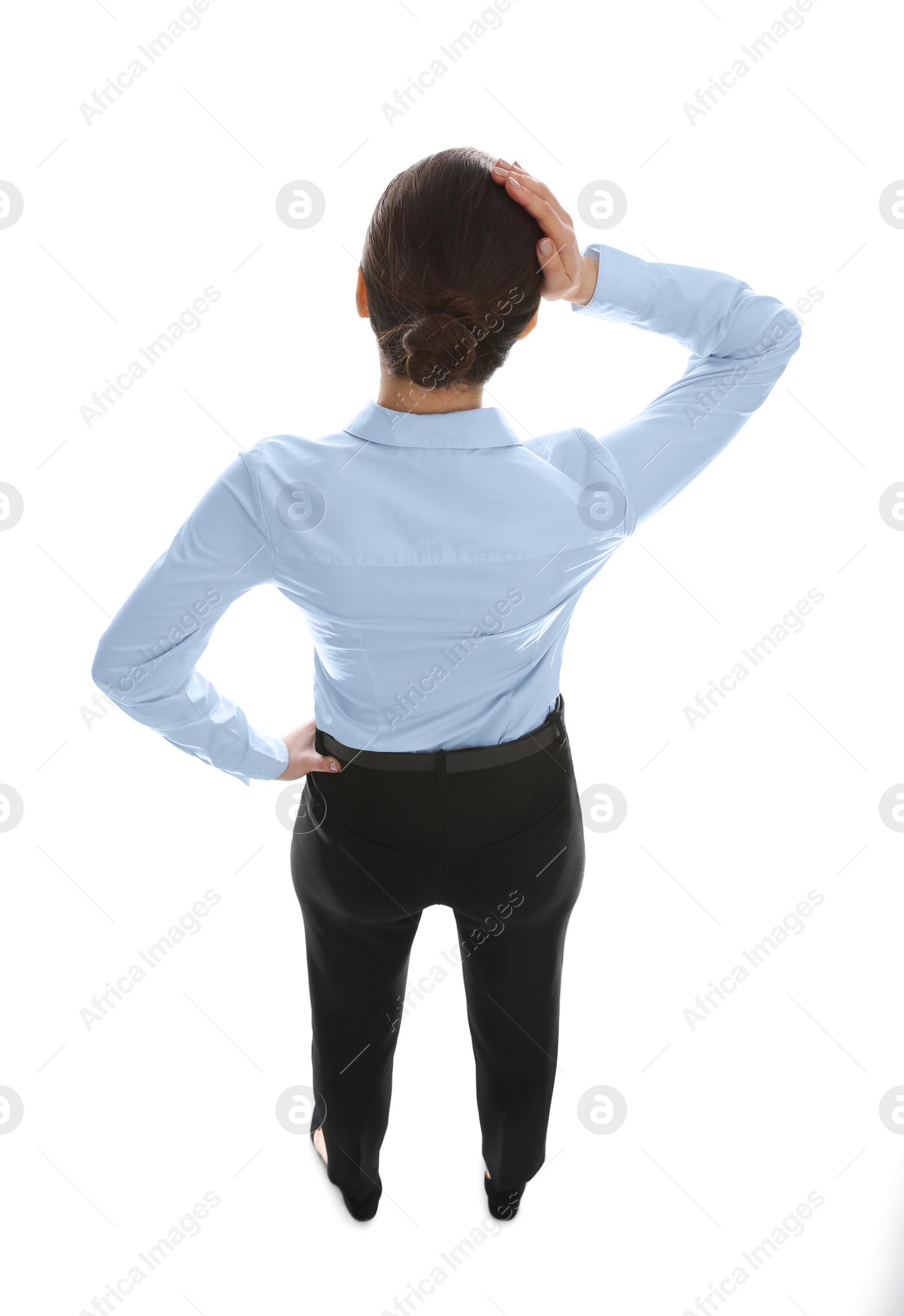 Photo of Young businesswoman in elegant suit on white background, back view