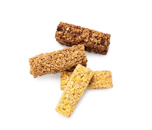 Photo of Different tasty granola bars isolated on white, above view