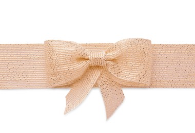 Burlap ribbon and bow with silver thread on white background, top view