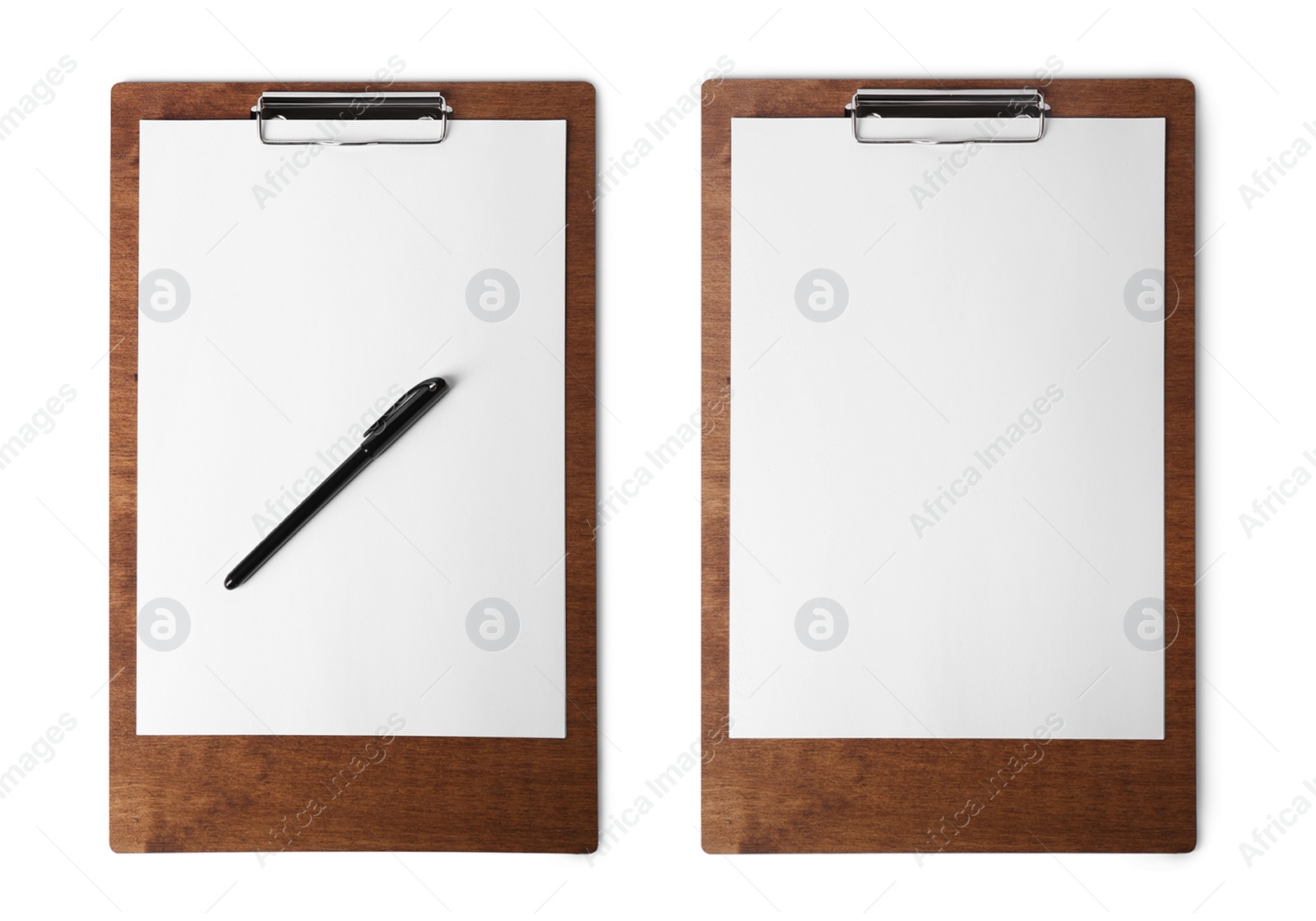 Image of Wooden clipboards with blank sheets of paper on white background