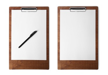 Wooden clipboards with blank sheets of paper on white background