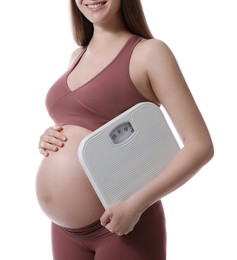 Pregnant woman with scales on white background, closeup