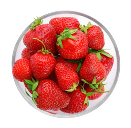 Photo of Ripe strawberries in bowl isolated on white, top view