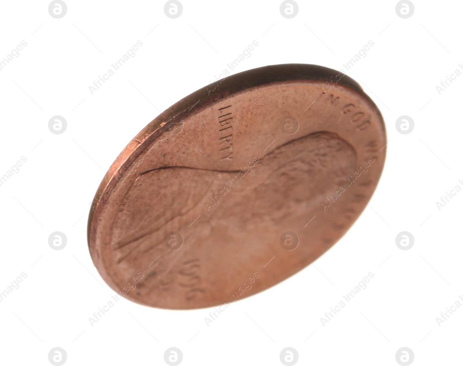 Photo of United States one cent coin on white background