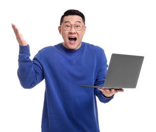 Photo of Surprised man with laptop on white background