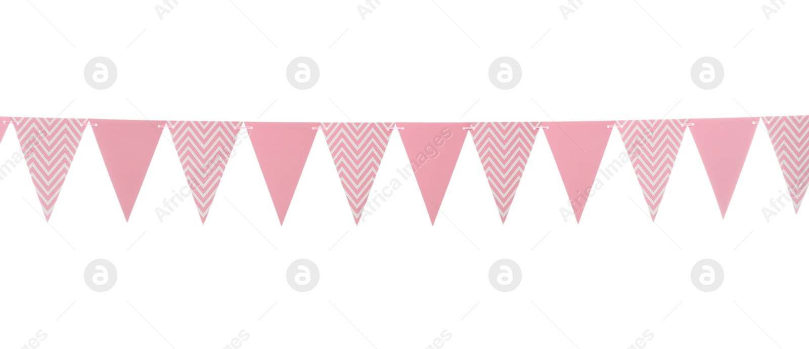 Photo of Triangular bunting flags on white background. Festive decor