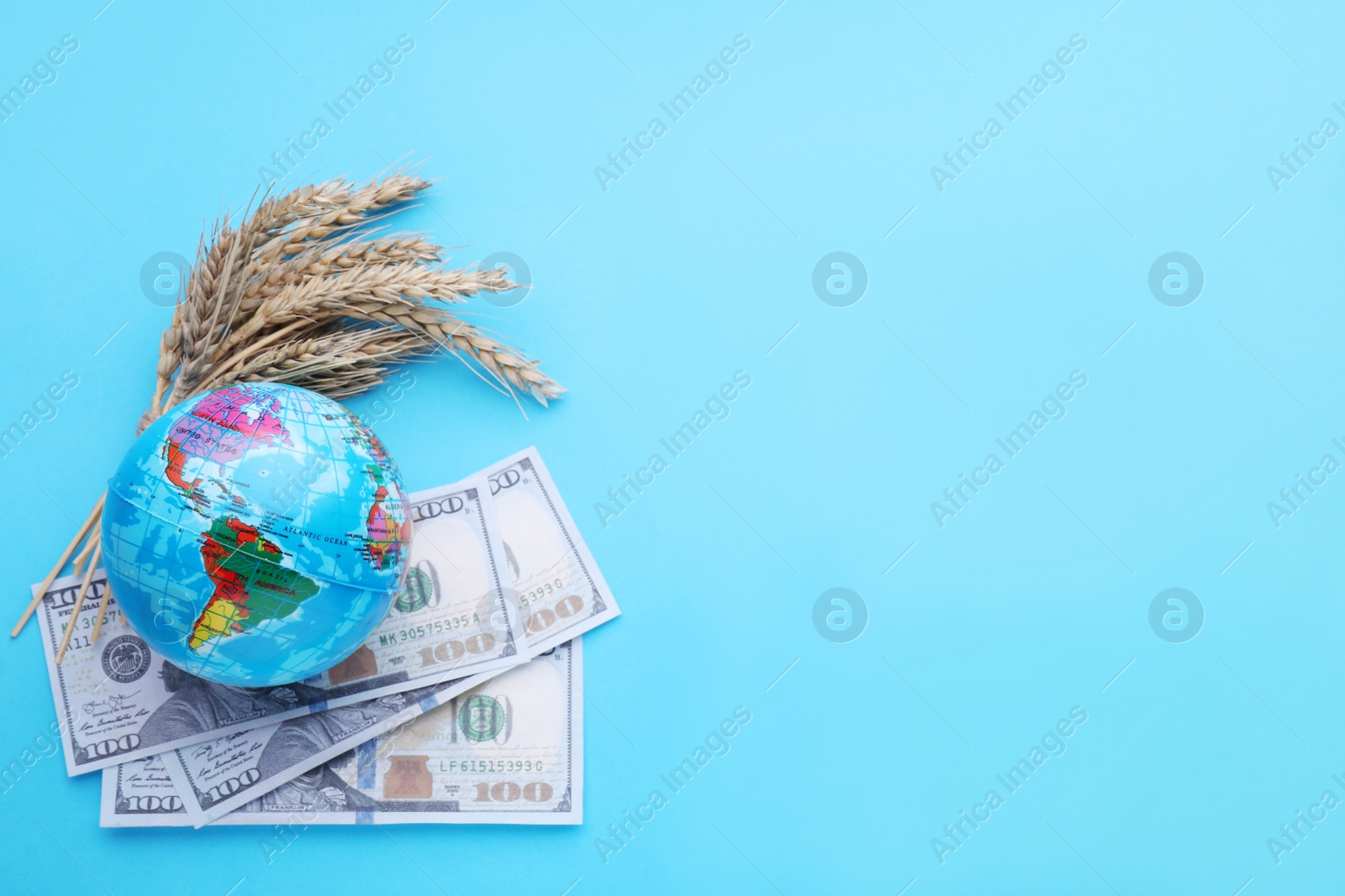 Photo of Import and export concept. Globe, ears of wheat and banknotes on light blue background, flat lay. Space for text