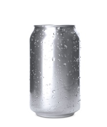 Photo of Aluminium can of beverage on white background