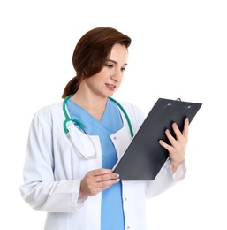 Photo of Portrait of experienced doctor in uniform on white background. Medical service