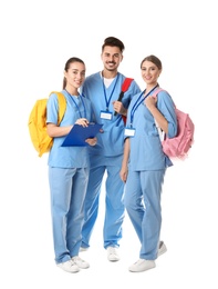 Group of young medical students on white background