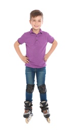 Photo of Full length portrait of boy with inline roller skates on white background