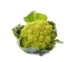 Photo of Green cauliflower cabbage on white background. Healthy food