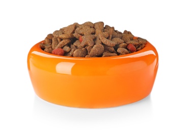 Bowl of dry pet food on white background
