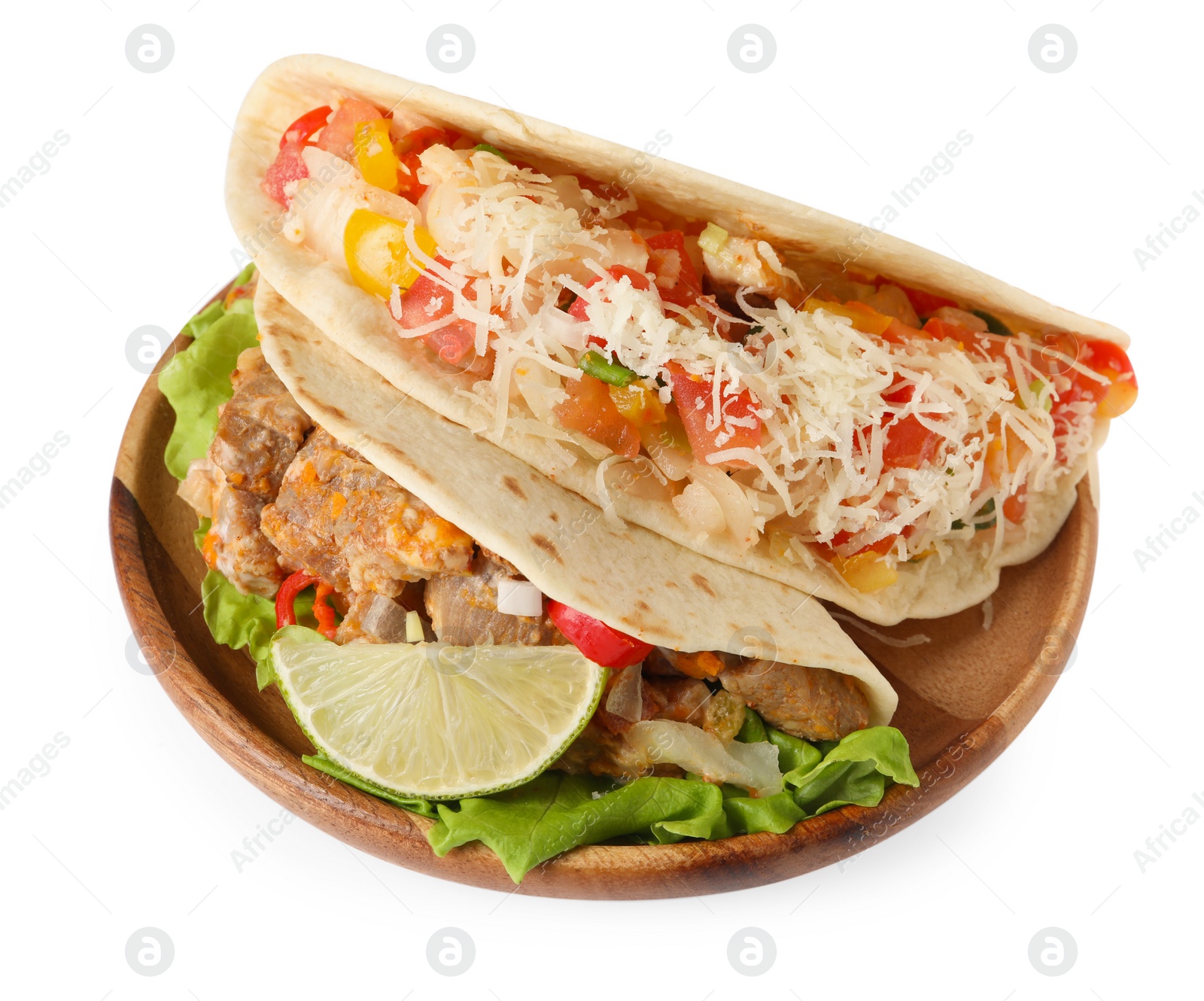 Photo of Delicious tacos with meat, vegetables and slice of lime isolated on white