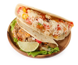 Delicious tacos with meat, vegetables and slice of lime isolated on white