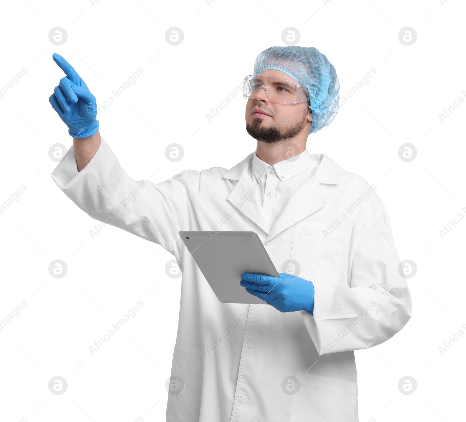 Photo of Quality control. Food inspector with tablet on white background