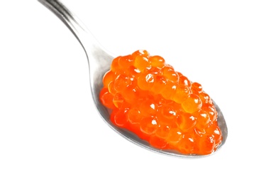 Spoon with delicious red caviar on white background