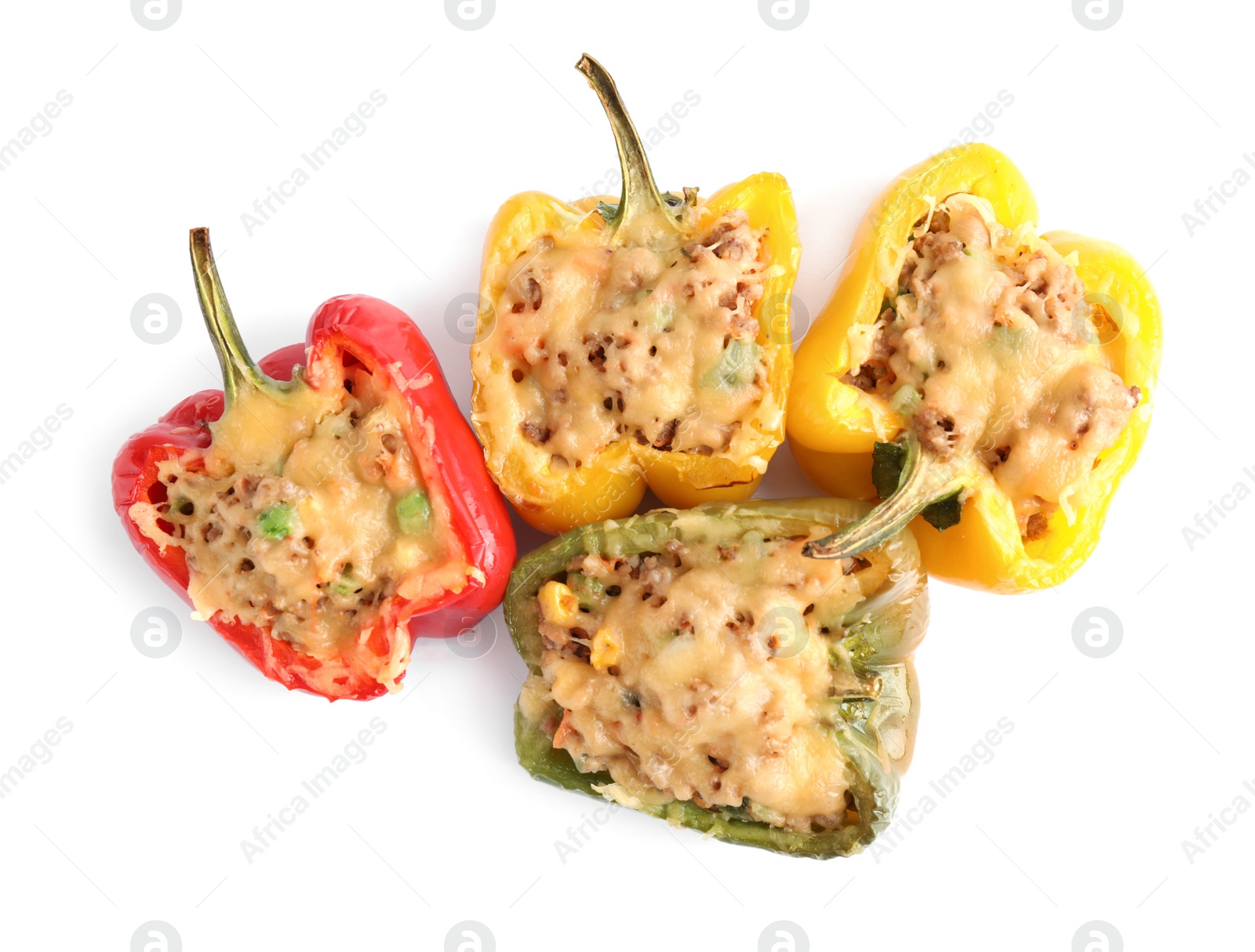 Photo of Tasty stuffed bell peppers isolated on white, top view