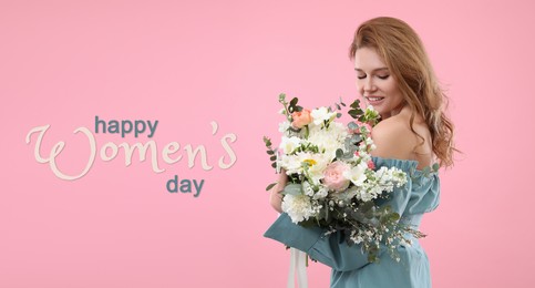 Happy Women's Day, Charming lady holding bouquet of beautiful flowers on pink background