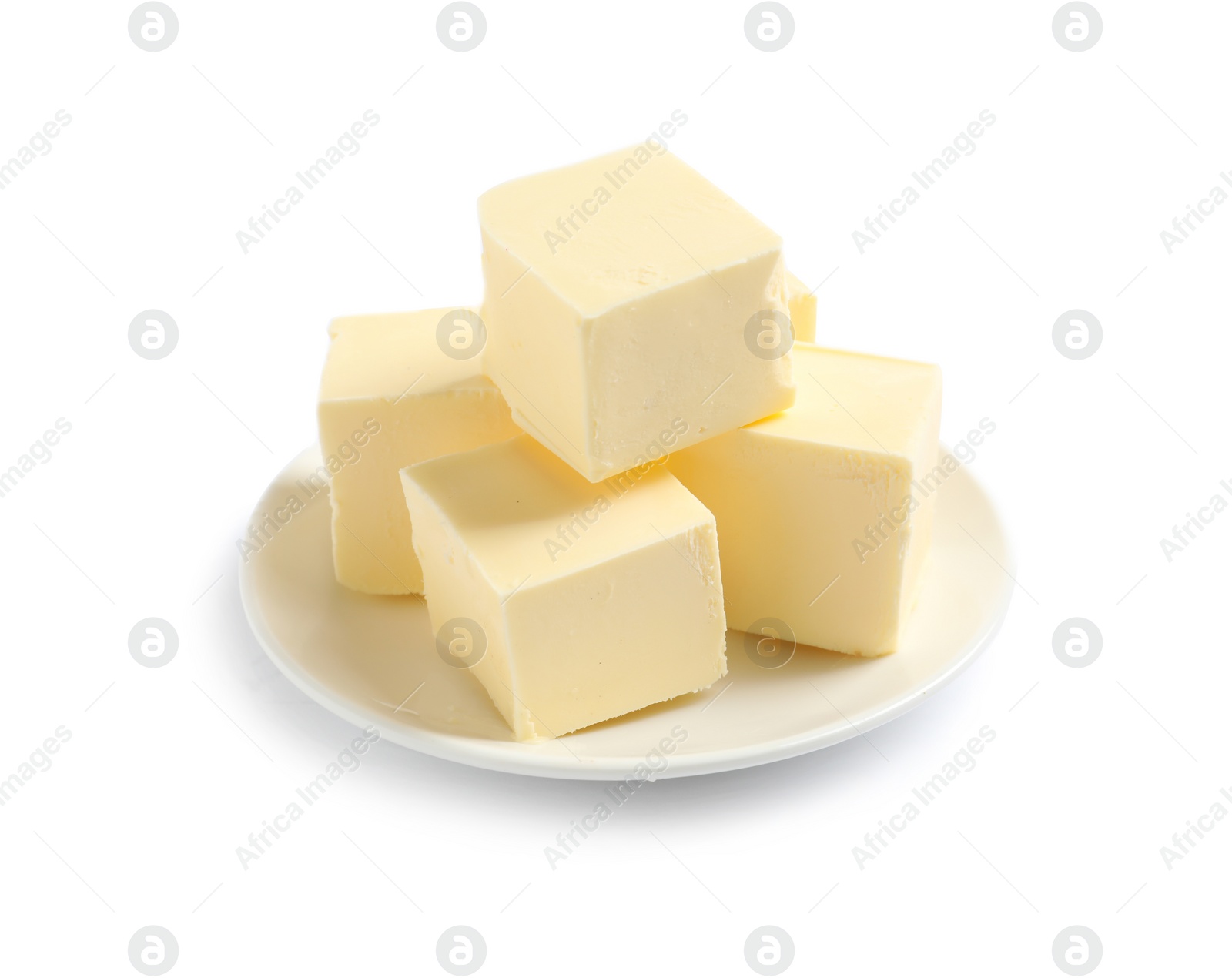 Photo of Ceramic plate with cut butter on white background