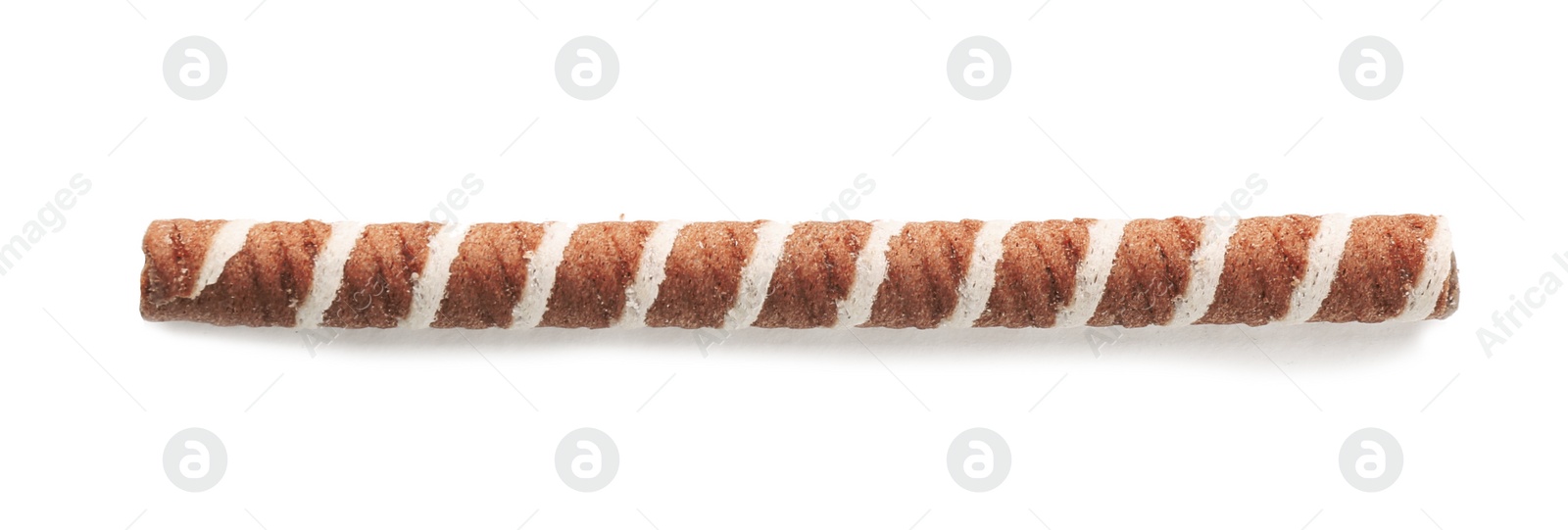 Photo of Tasty wafer roll stick on white background, top view. Crispy food