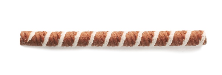 Tasty wafer roll stick on white background, top view. Crispy food