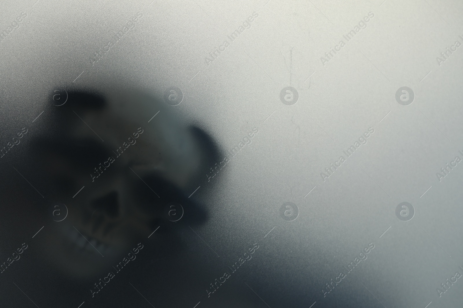 Photo of Silhouette of creepy ghost with skull behind cloth, space for text