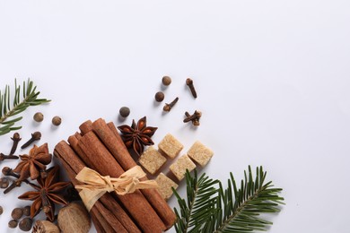 Different spices, nuts and fir branches on white table, flat lay. Space for text