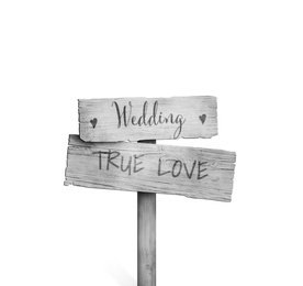 Wooden plaques with inscriptions Wedding and True Love isolated on white 