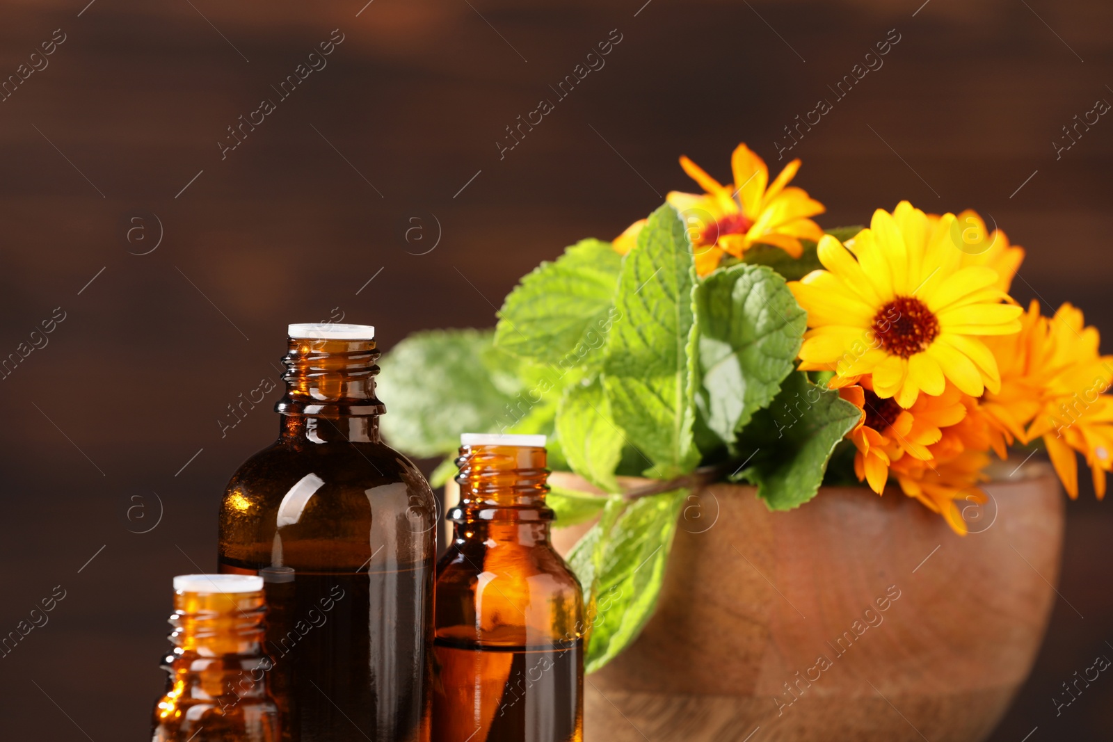 Photo of Bottles with essential oils, mint and flowers on blurred background, closeup