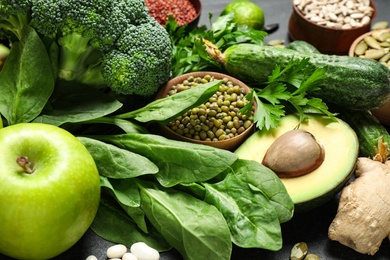 Photo of Different vegetables, seeds and fruits, closeup. Healthy diet