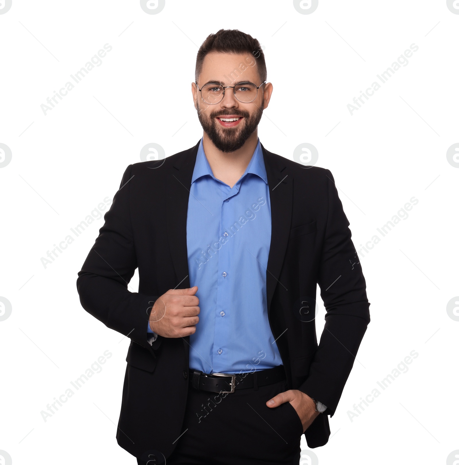 Photo of Portrait of smiling man in glasses on white background. Lawyer, businessman, accountant or manager