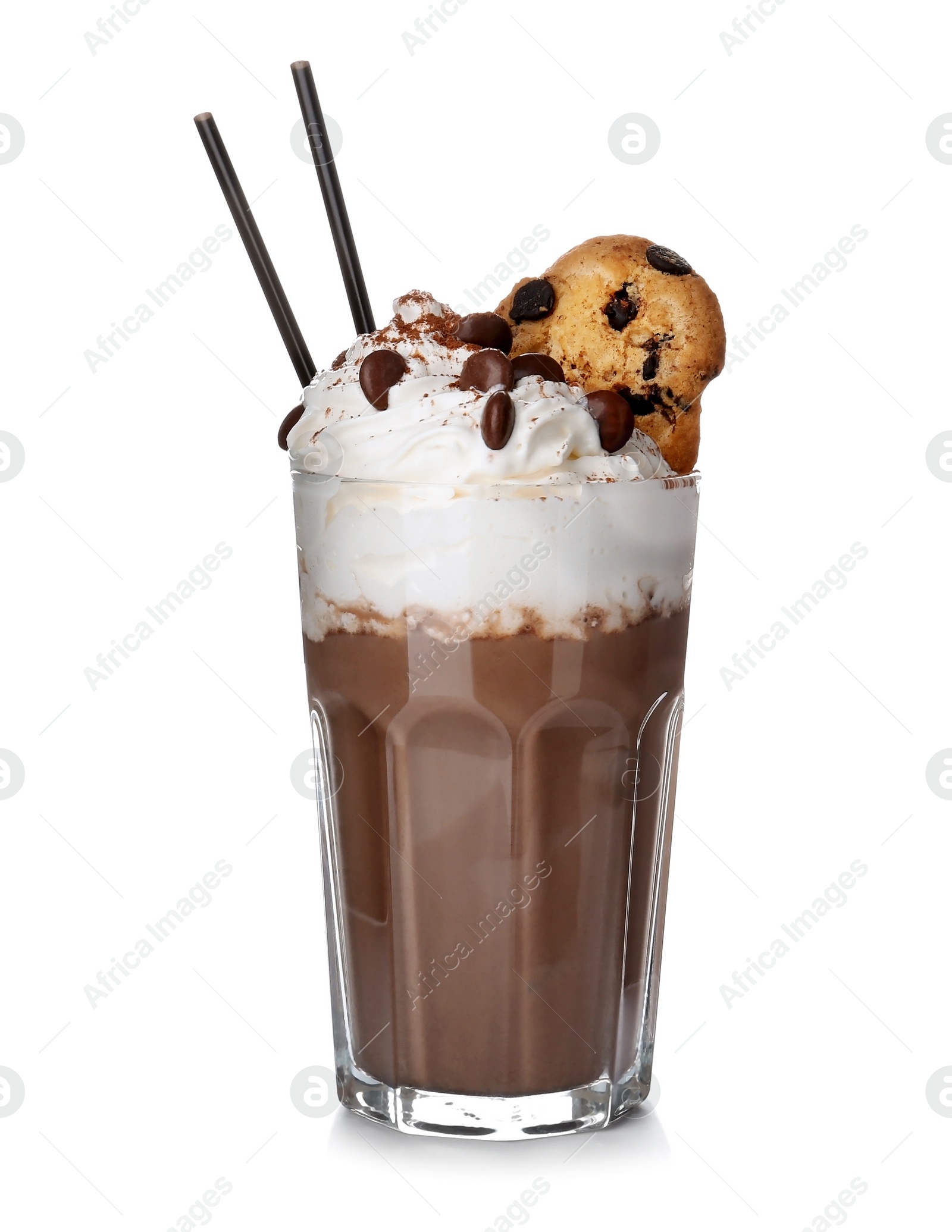 Photo of Glass with delicious milk shake on white background