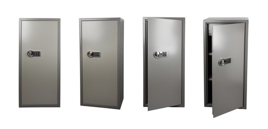 Image of Grey steel safe on white background, view from different sides