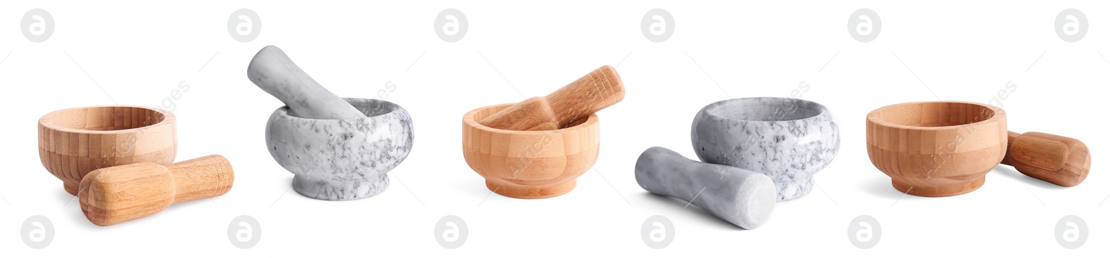 Image of Set of wooden and stone mortars on white background